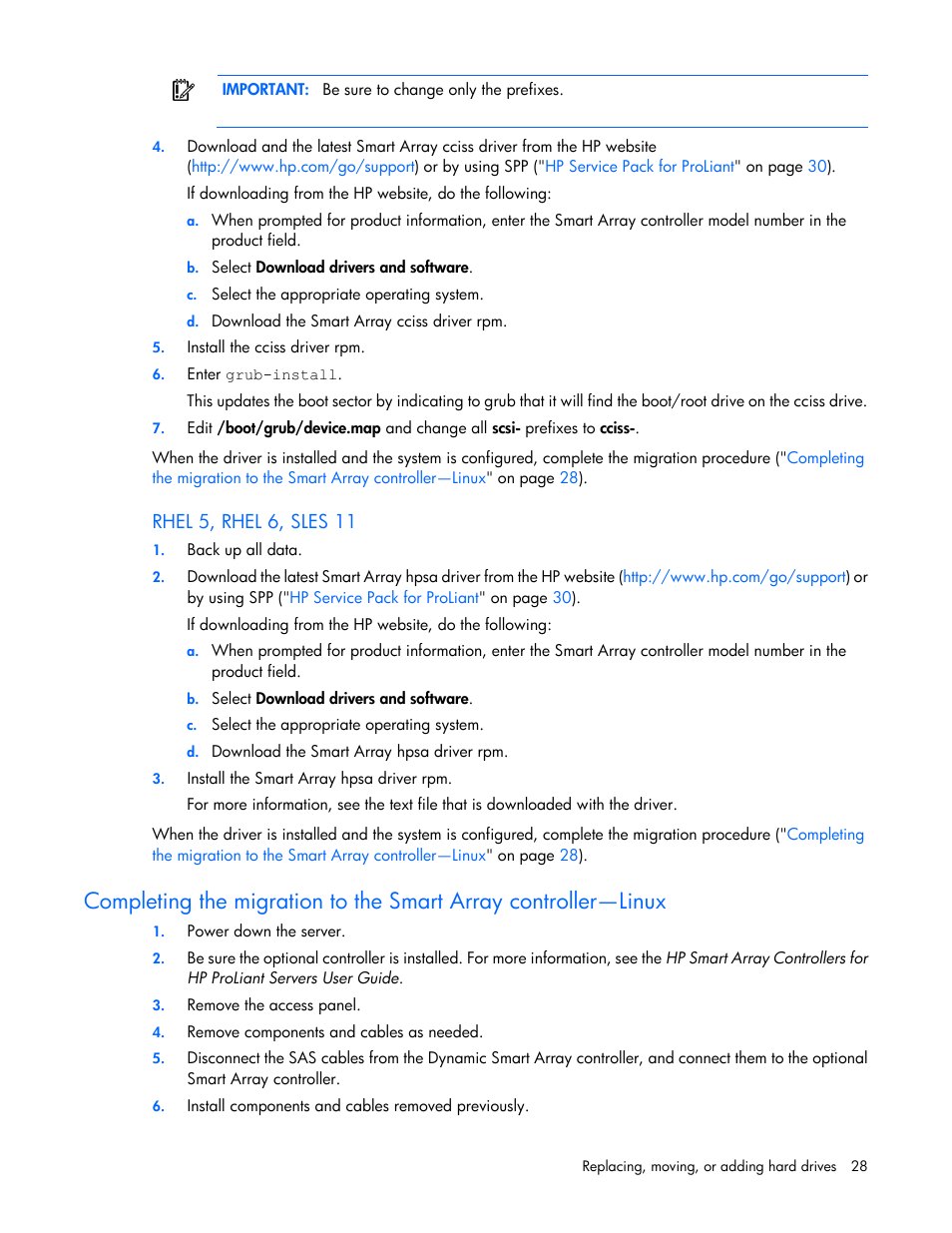 Rhel 5, rhel 6, sles 11, Rhel, 5, rhel 6, sles 11 | HP Dynamic Smart Array Controllers User Manual | Page 28 / 37