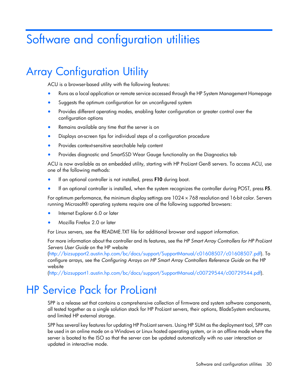 Software and configuration utilities, Array configuration utility, Hp service pack for proliant | Service pack for proliant, Hp service pack for, Proliant | HP Dynamic Smart Array Controllers User Manual | Page 30 / 37