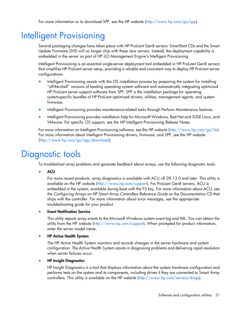 Intelligent provisioning, Diagnostic tools | HP Dynamic Smart Array Controllers User Manual | Page 31 / 37