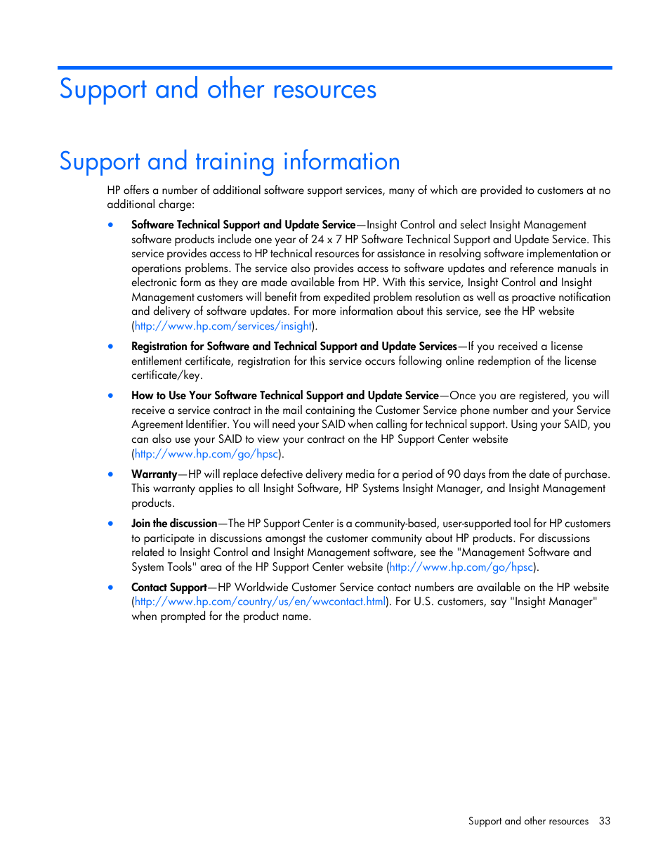 Support and other resources, Support and training information | HP Dynamic Smart Array Controllers User Manual | Page 33 / 37