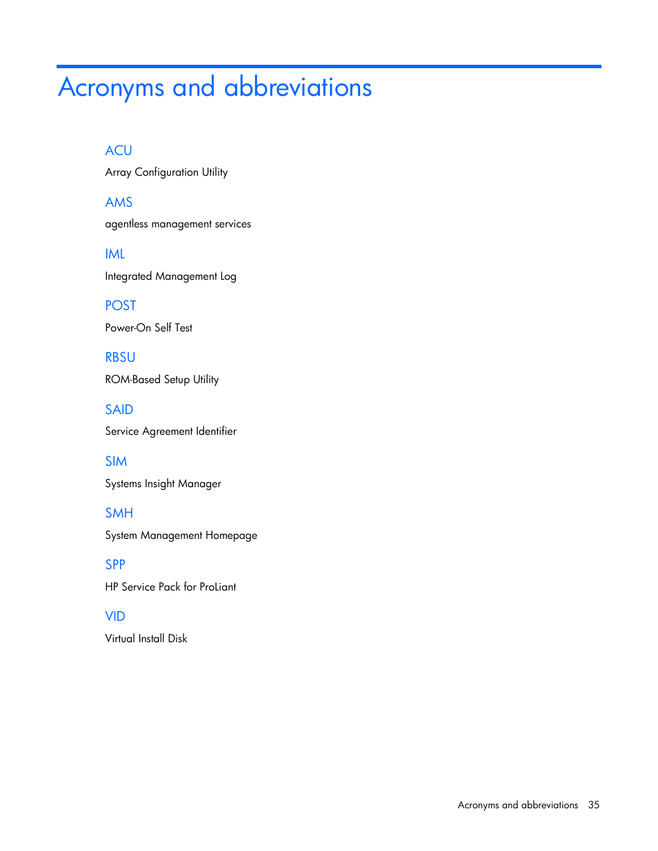 Acronyms and abbreviations | HP Dynamic Smart Array Controllers User Manual | Page 35 / 37