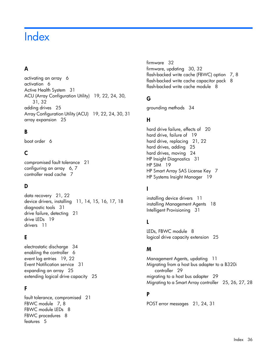 Index | HP Dynamic Smart Array Controllers User Manual | Page 36 / 37
