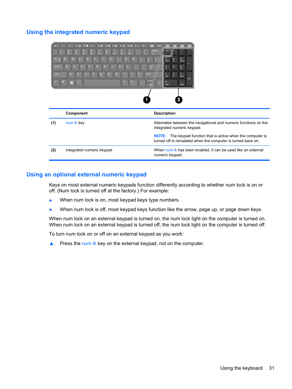 Using the integrated numeric keypad, Using an optional external numeric keypad | HP ProBook 450 G0 Notebook PC User Manual | Page 41 / 113