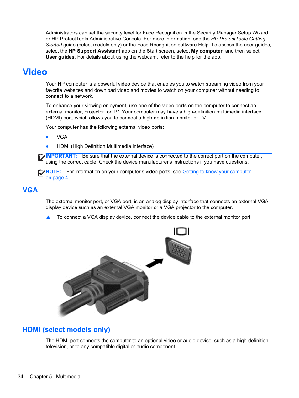 Video, Hdmi (select models only), Vga hdmi (select models only) | HP ProBook 450 G0 Notebook PC User Manual | Page 44 / 113