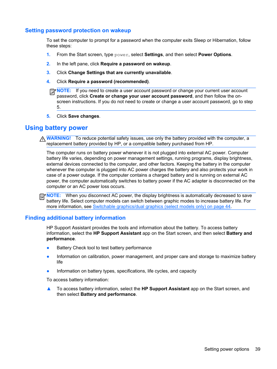 Setting password protection on wakeup, Using battery power, Finding additional battery information | HP ProBook 450 G0 Notebook PC User Manual | Page 49 / 113