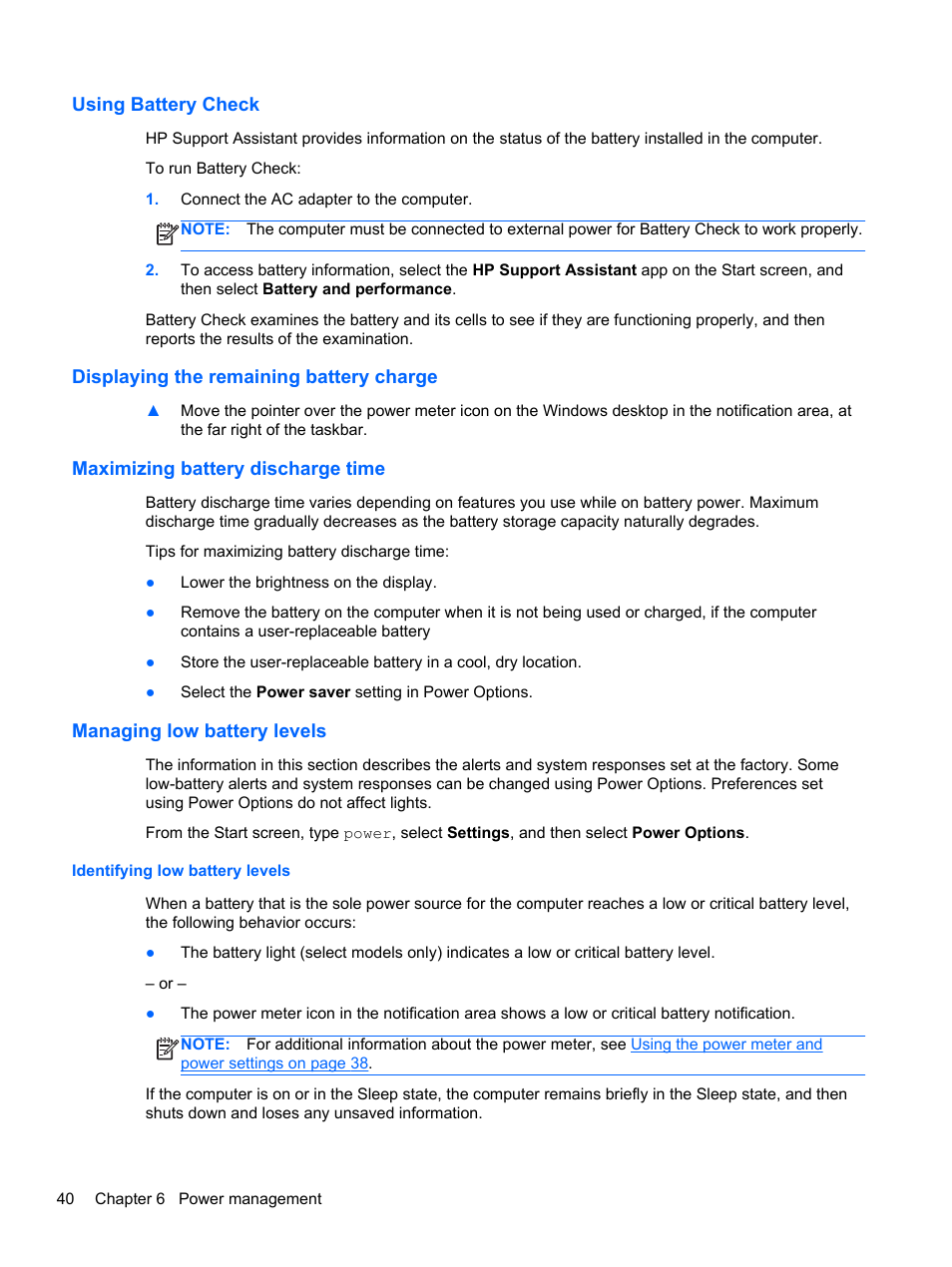 Using battery check, Displaying the remaining battery charge, Maximizing battery discharge time | Managing low battery levels, Identifying low battery levels | HP ProBook 450 G0 Notebook PC User Manual | Page 50 / 113
