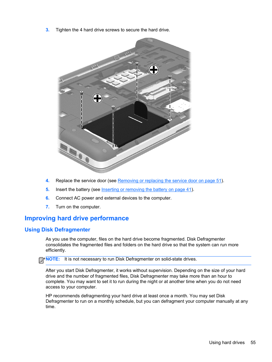 Improving hard drive performance, Using disk defragmenter | HP ProBook 450 G0 Notebook PC User Manual | Page 65 / 113