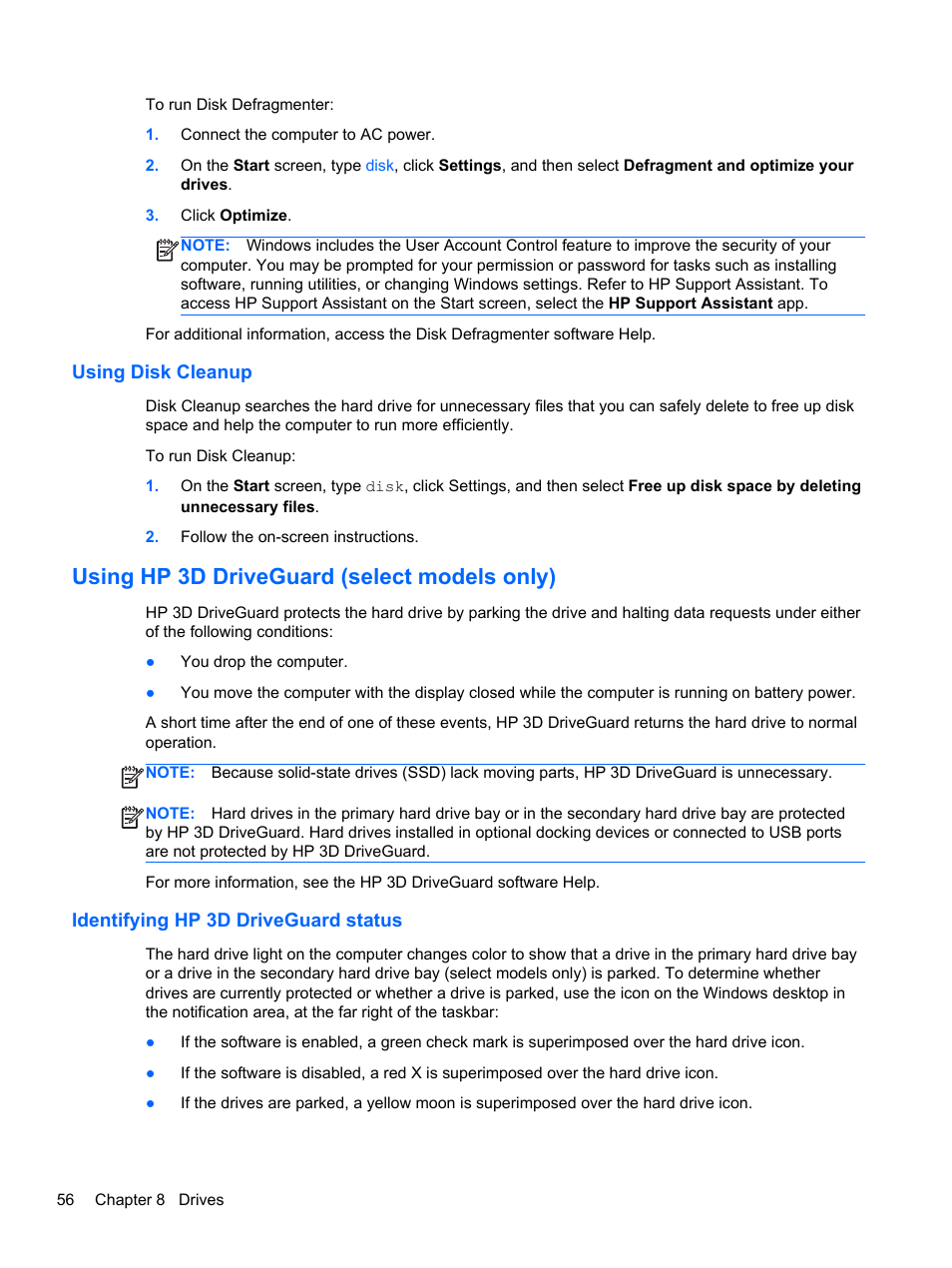 Using disk cleanup, Using hp 3d driveguard (select models only), Identifying hp 3d driveguard status | HP ProBook 450 G0 Notebook PC User Manual | Page 66 / 113