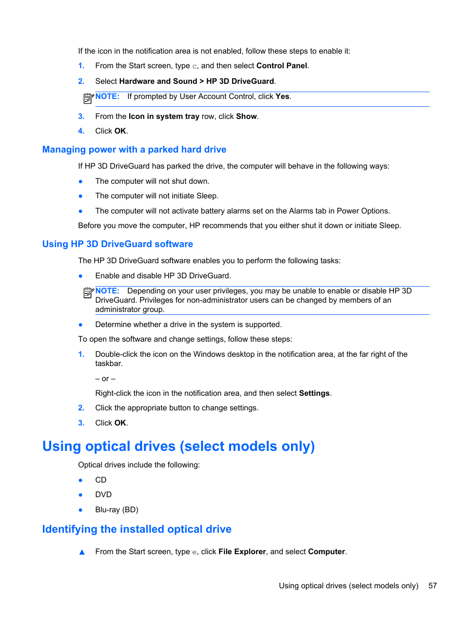 Managing power with a parked hard drive, Using hp 3d driveguard software, Using optical drives (select models only) | Identifying the installed optical drive | HP ProBook 450 G0 Notebook PC User Manual | Page 67 / 113