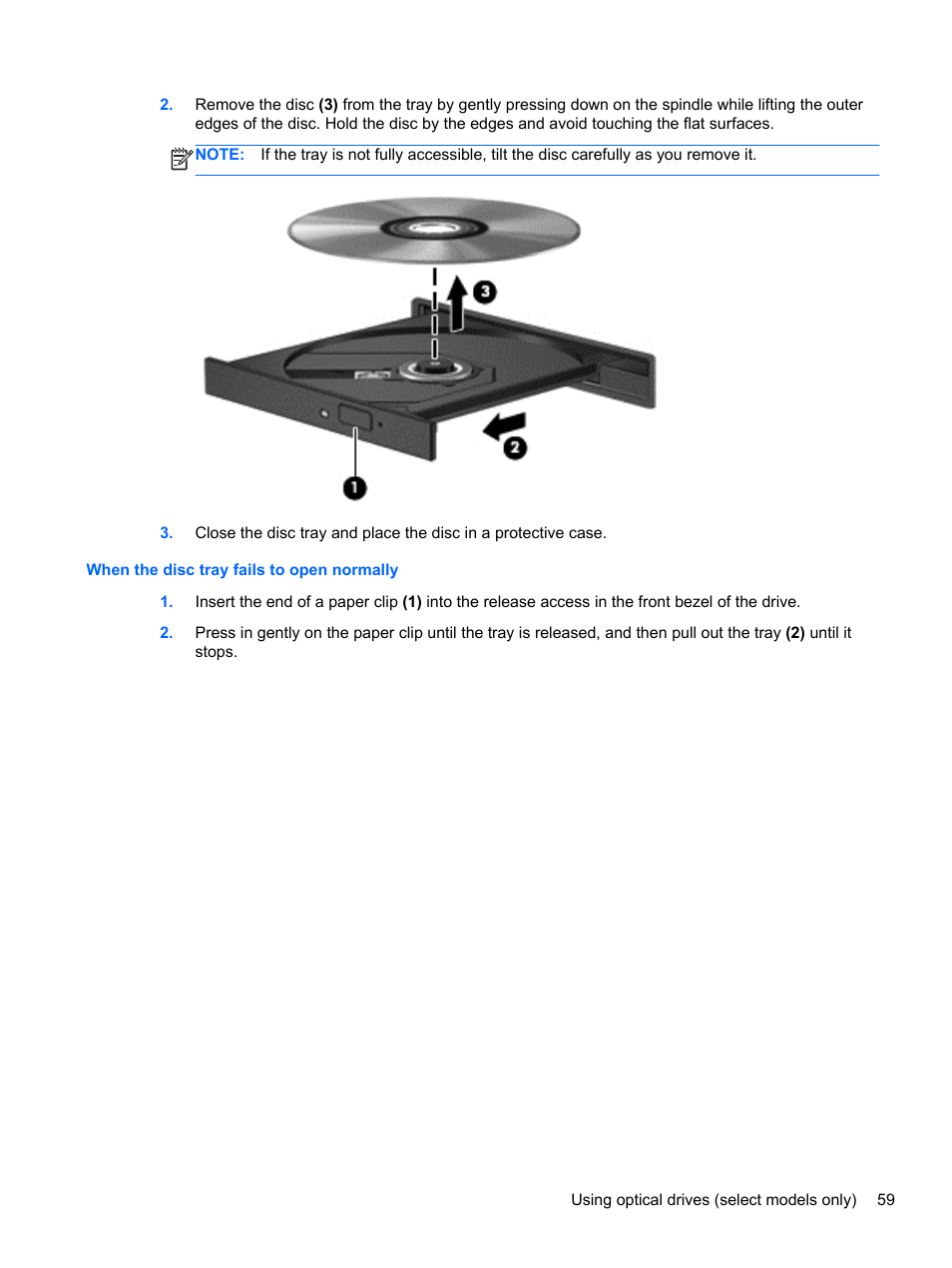 When the disc tray fails to open normally | HP ProBook 450 G0 Notebook PC User Manual | Page 69 / 113