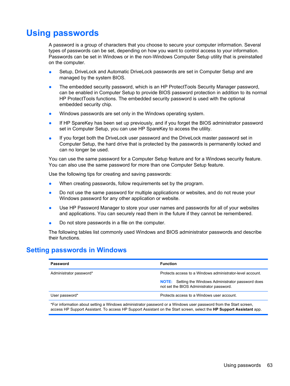 Using passwords, Setting passwords in windows | HP ProBook 450 G0 Notebook PC User Manual | Page 73 / 113