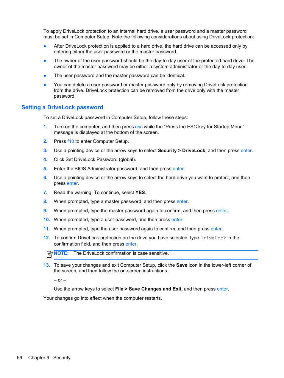 Setting a drivelock password | HP ProBook 450 G0 Notebook PC User Manual | Page 76 / 113