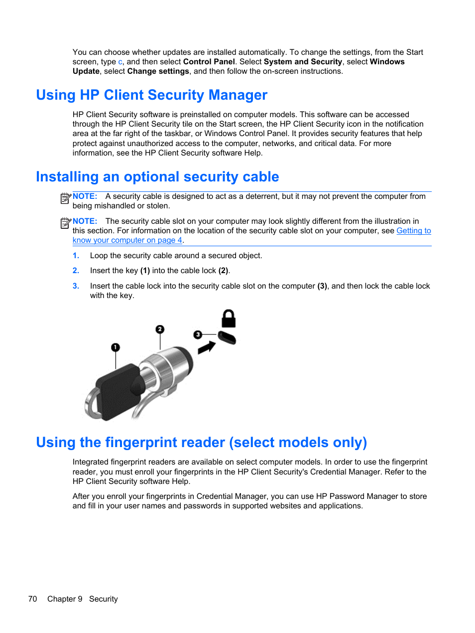 Using hp client security manager, Installing an optional security cable, Using the fingerprint reader (select models only) | HP ProBook 450 G0 Notebook PC User Manual | Page 80 / 113