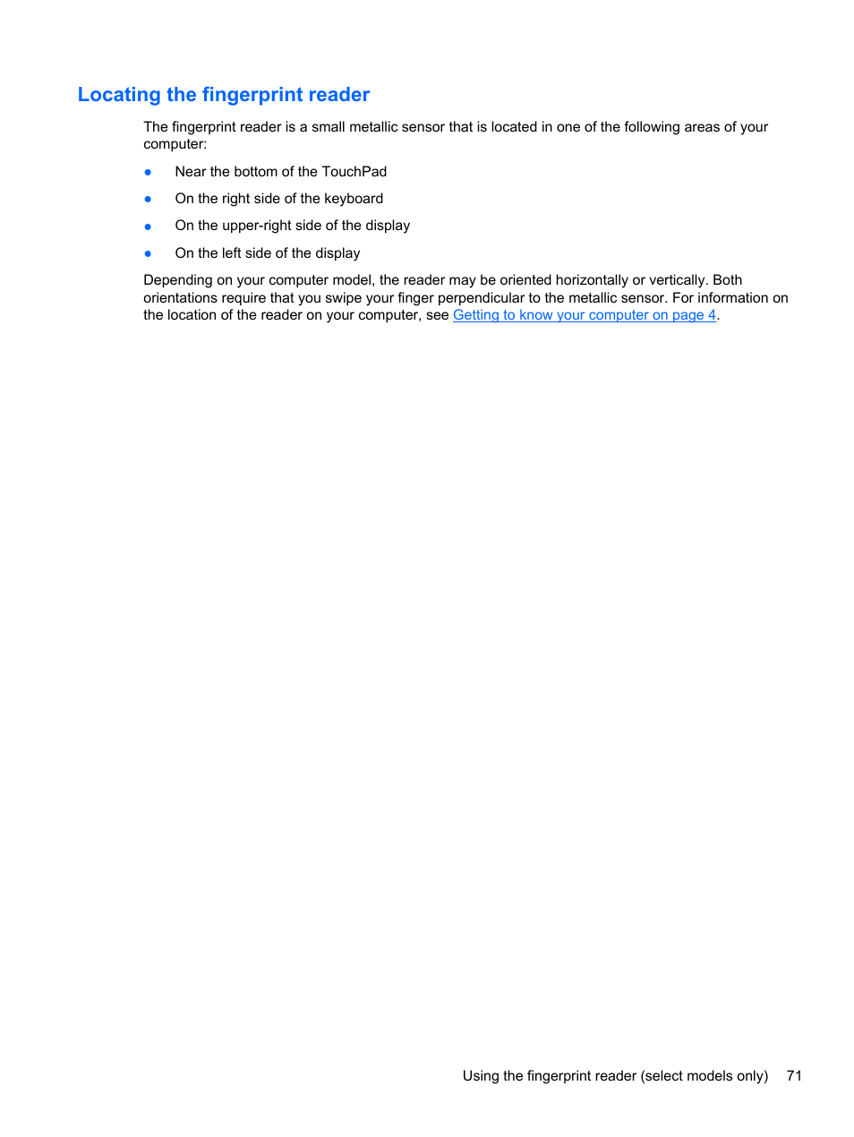 Locating the fingerprint reader | HP ProBook 450 G0 Notebook PC User Manual | Page 81 / 113