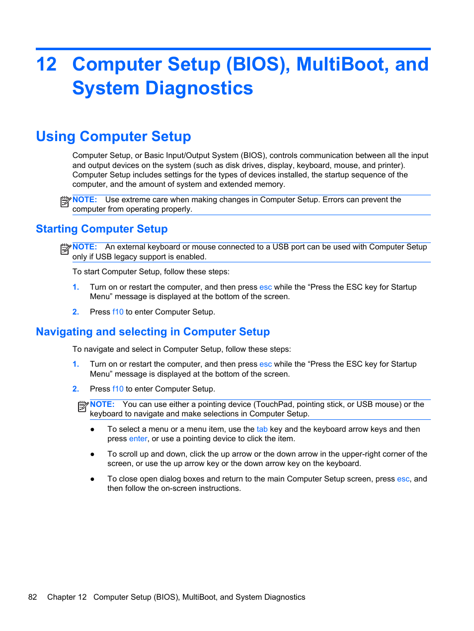 Using computer setup, Starting computer setup, Navigating and selecting in computer setup | HP ProBook 450 G0 Notebook PC User Manual | Page 92 / 113