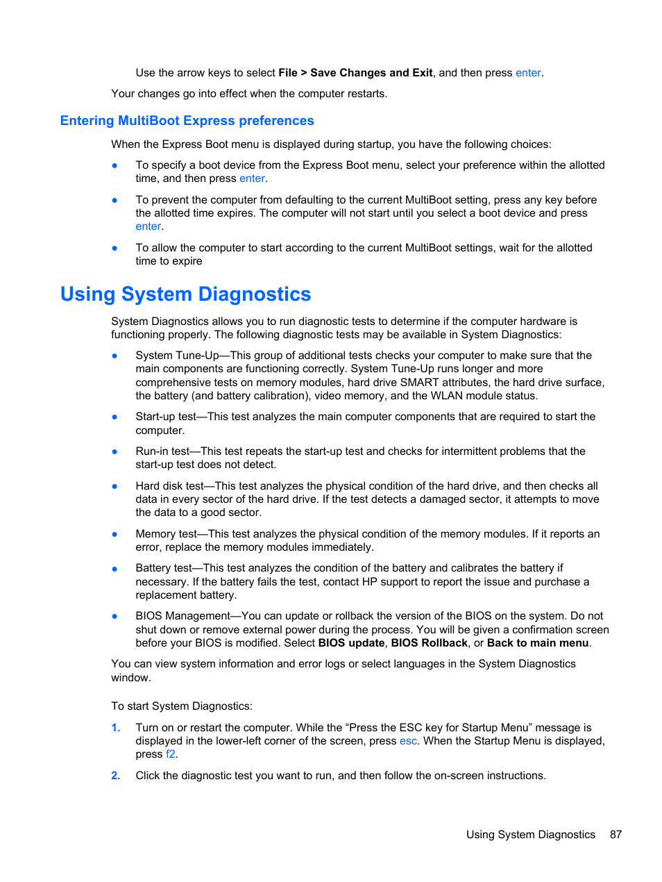 Entering multiboot express preferences, Using system diagnostics | HP ProBook 450 G0 Notebook PC User Manual | Page 97 / 113