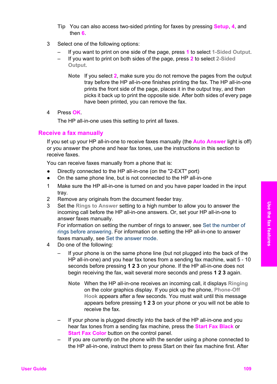 Receive a fax manually, Receive a, Fax manually | Receive a fax, Manually | HP Officejet 7410 All-in-One Printer User Manual | Page 112 / 242