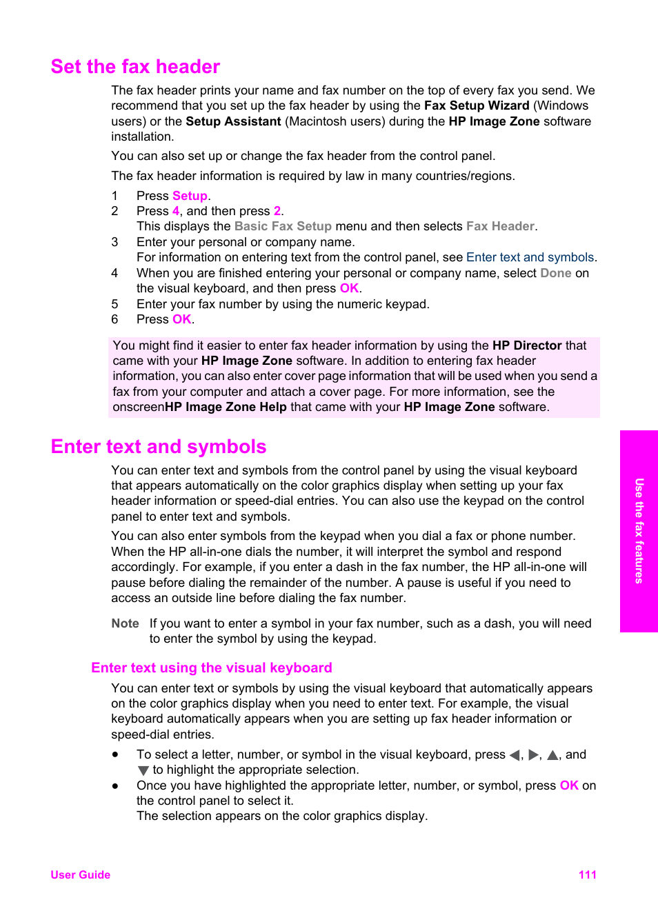 Set the fax header, Enter text and symbols, Enter text using the visual keyboard | On using the keypad, see | HP Officejet 7410 All-in-One Printer User Manual | Page 114 / 242