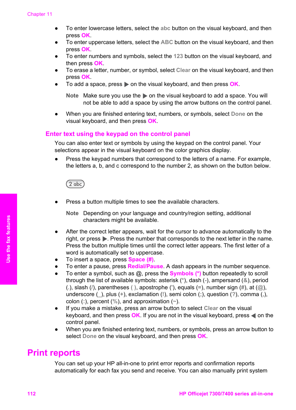 Enter text using the keypad on the control panel, Print reports | HP Officejet 7410 All-in-One Printer User Manual | Page 115 / 242