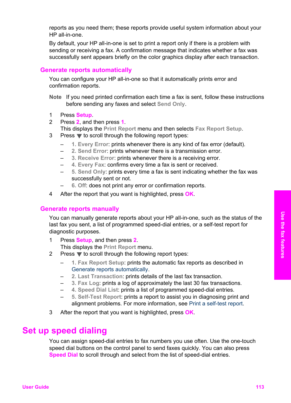 Generate reports automatically, Generate reports manually, Set up speed dialing | HP Officejet 7410 All-in-One Printer User Manual | Page 116 / 242