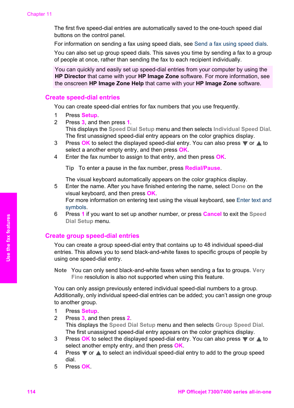 Create speed-dial entries, Create group speed-dial entries | HP Officejet 7410 All-in-One Printer User Manual | Page 117 / 242