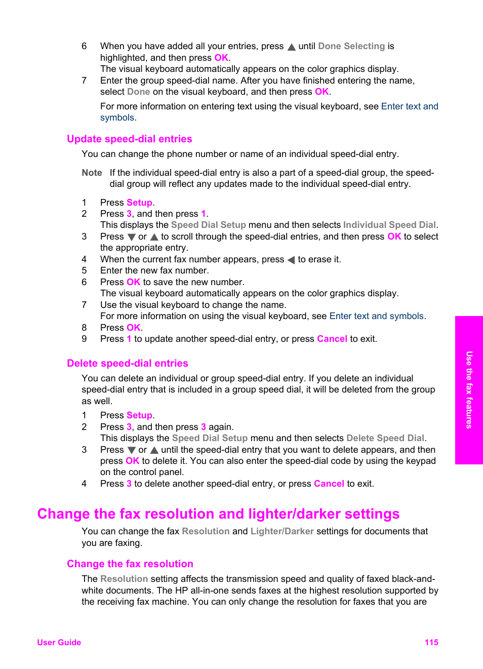 Update speed-dial entries, Delete speed-dial entries, Change the fax resolution | HP Officejet 7410 All-in-One Printer User Manual | Page 118 / 242