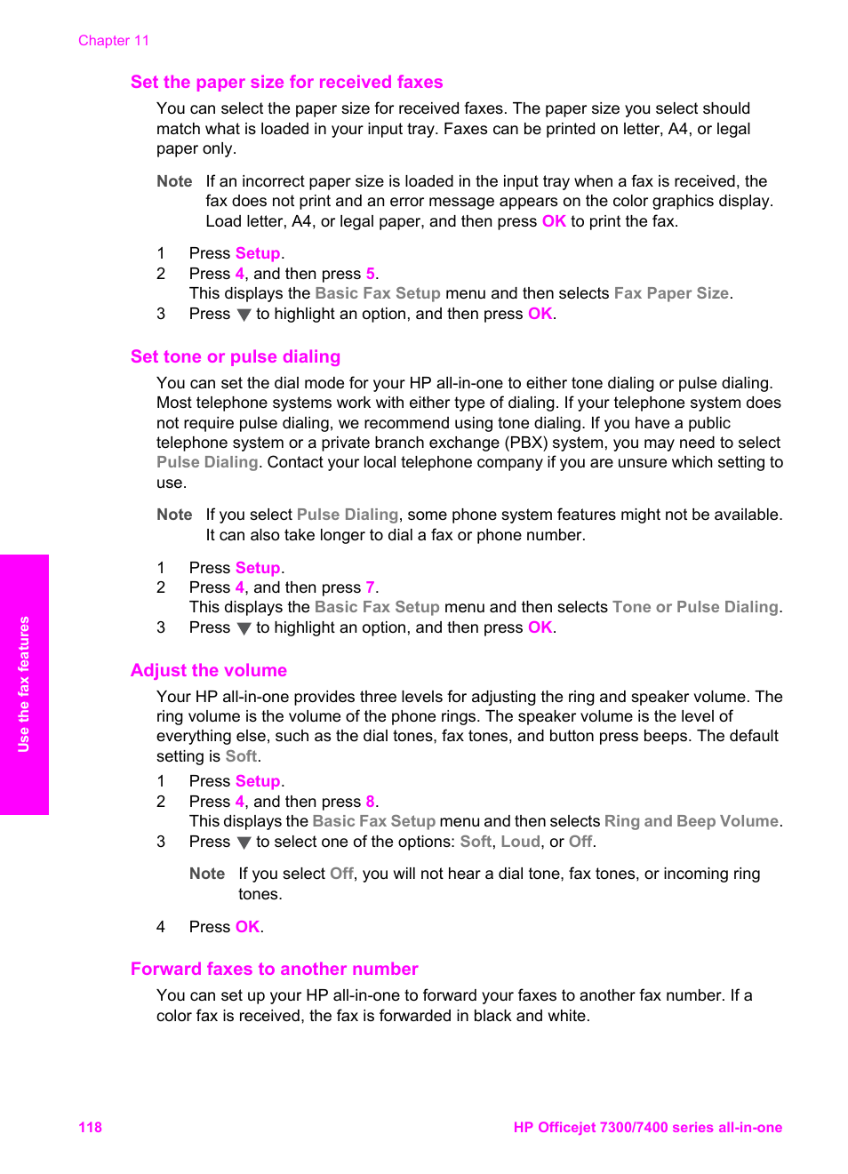 Set the paper size for received faxes, Set tone or pulse dialing, Adjust the volume | Forward faxes to another number | HP Officejet 7410 All-in-One Printer User Manual | Page 121 / 242
