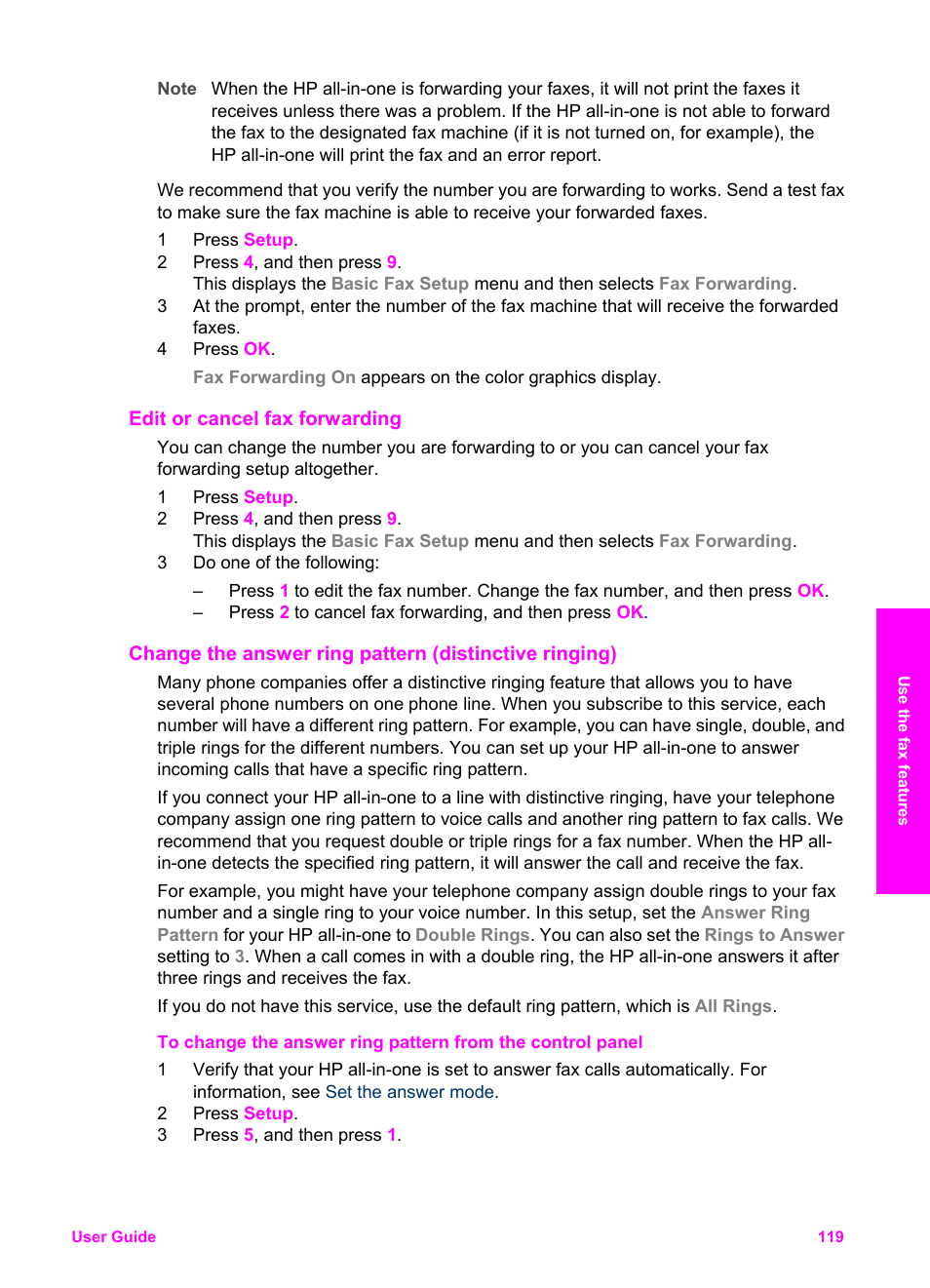 Edit or cancel fax forwarding, Change the answer ring pattern, Distinctive ringing) | Change the answer ring, Pattern (distinctive ringing) | HP Officejet 7410 All-in-One Printer User Manual | Page 122 / 242