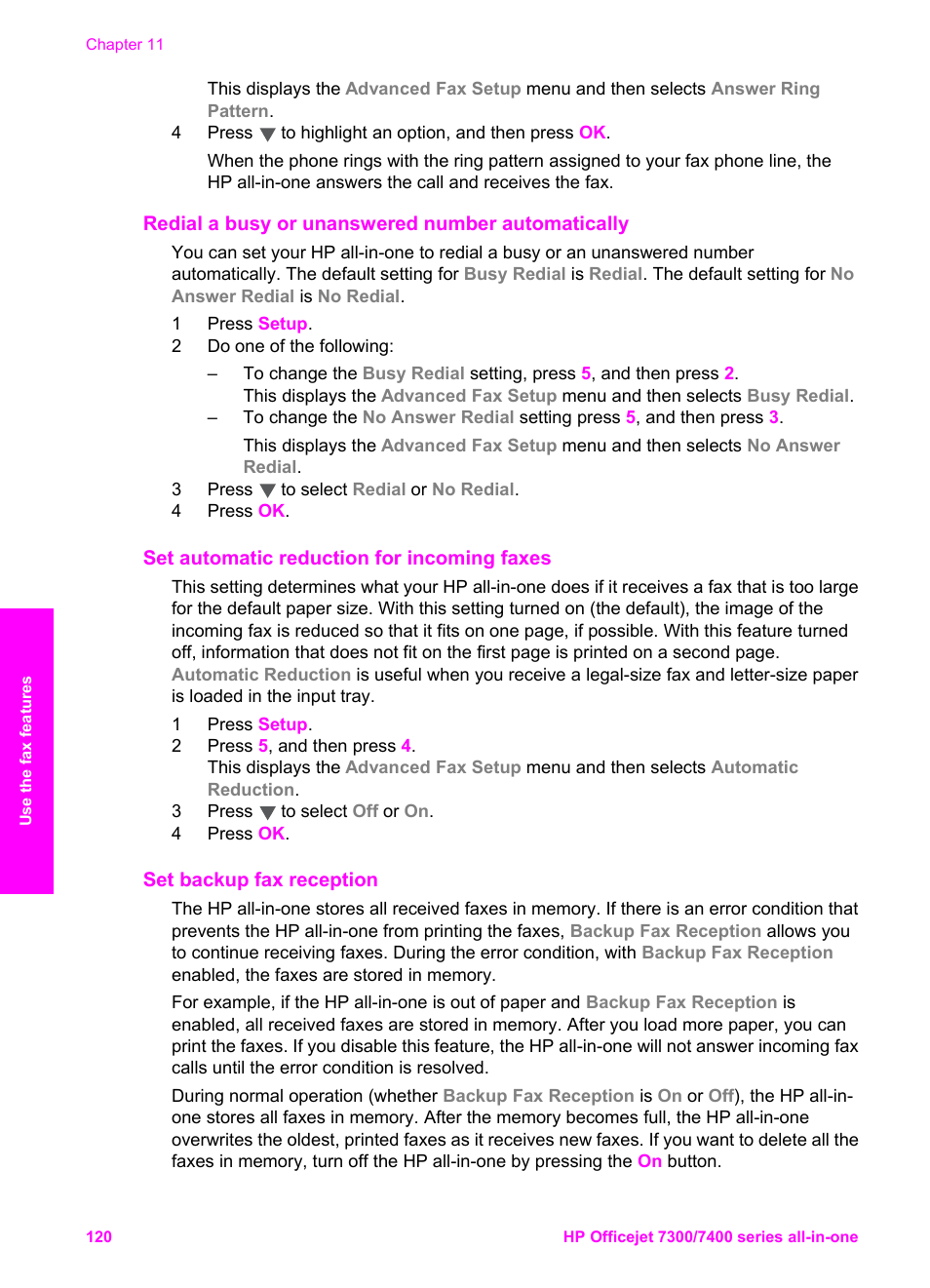 Redial a busy or unanswered number automatically, Set automatic reduction for incoming faxes, Set backup fax reception | HP Officejet 7410 All-in-One Printer User Manual | Page 123 / 242