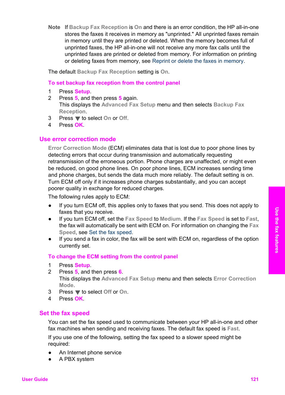 Use error correction mode, Set the fax speed | HP Officejet 7410 All-in-One Printer User Manual | Page 124 / 242