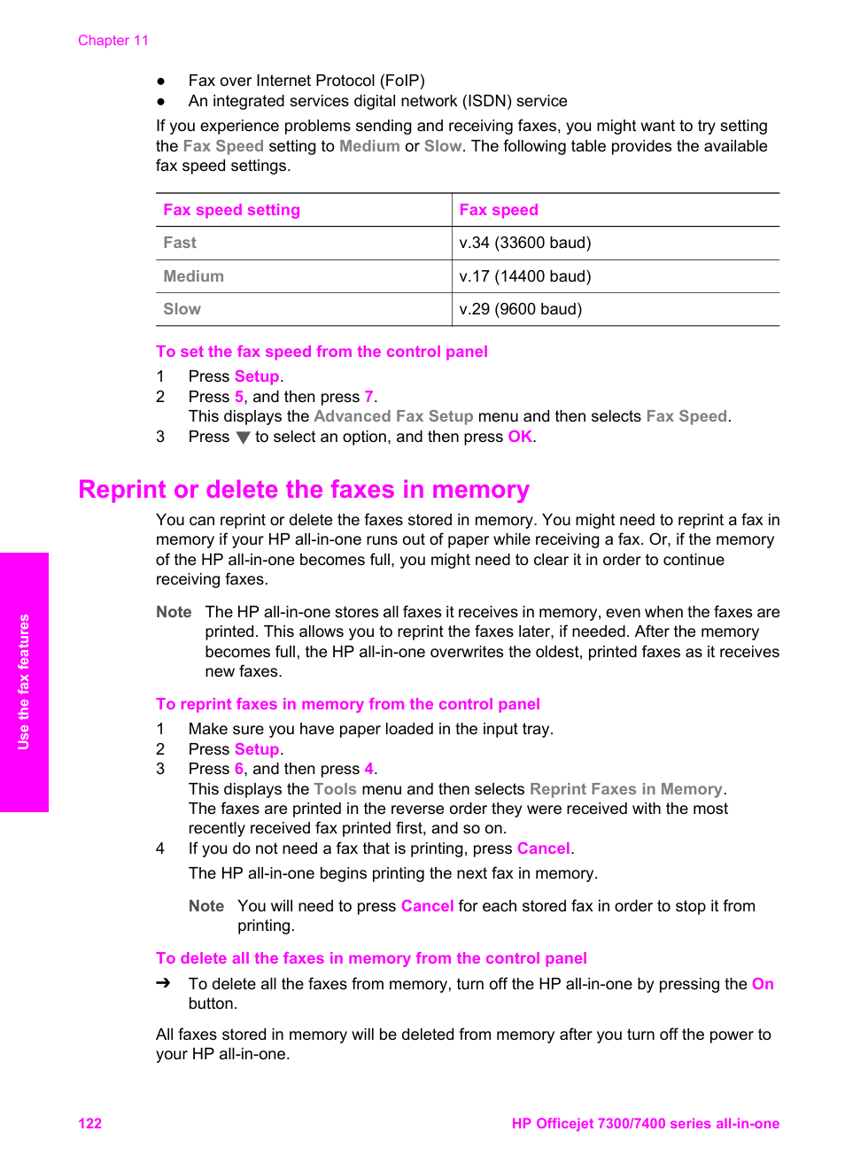 Reprint or delete the faxes in memory | HP Officejet 7410 All-in-One Printer User Manual | Page 125 / 242