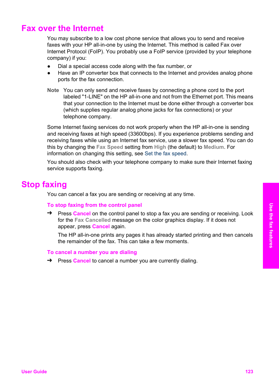 Fax over the internet, Stop faxing | HP Officejet 7410 All-in-One Printer User Manual | Page 126 / 242