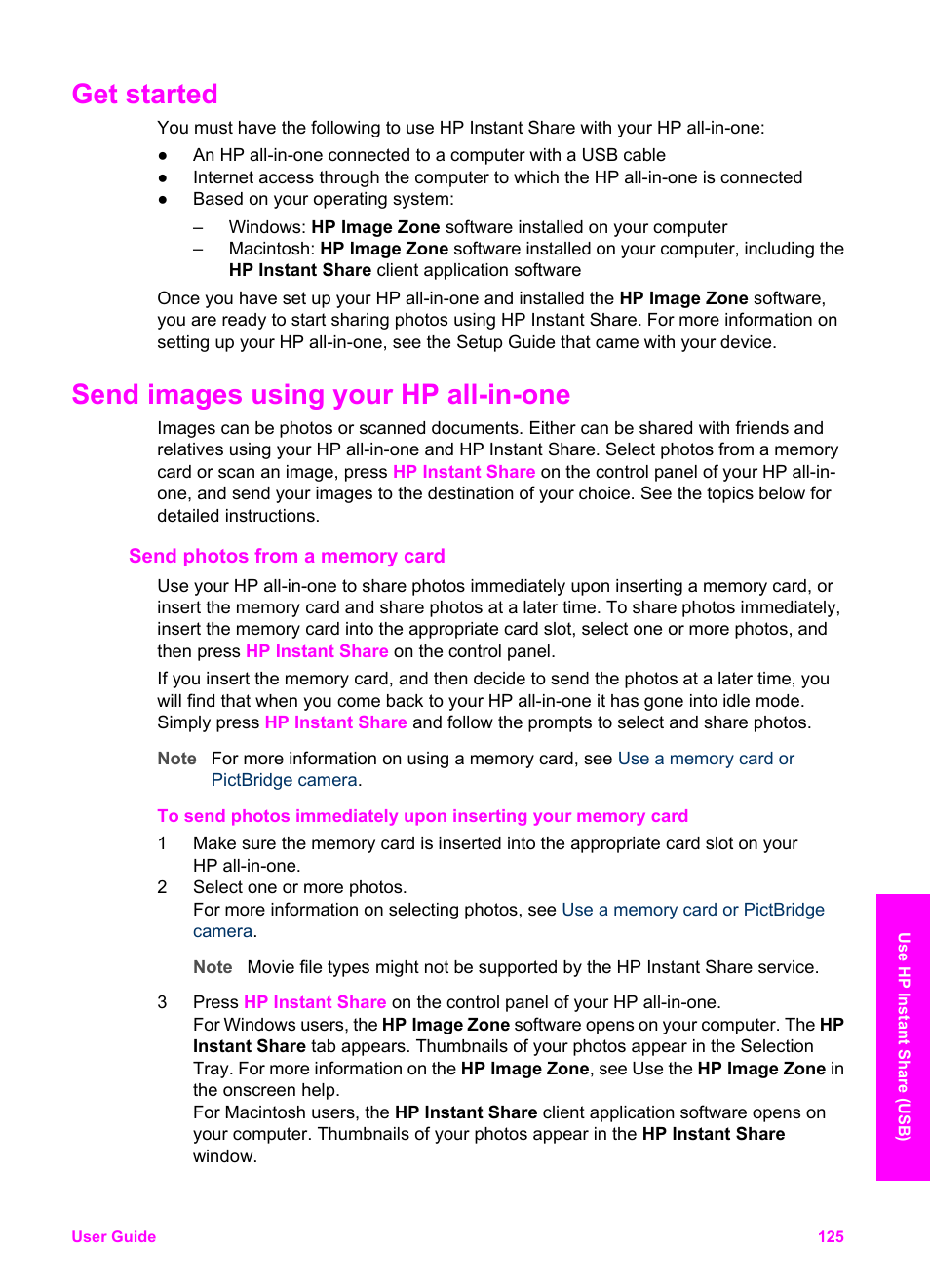 Get started, Send images using your hp all-in-one, Send photos from a memory card | Send images, Using your hp all-in-one | HP Officejet 7410 All-in-One Printer User Manual | Page 128 / 242