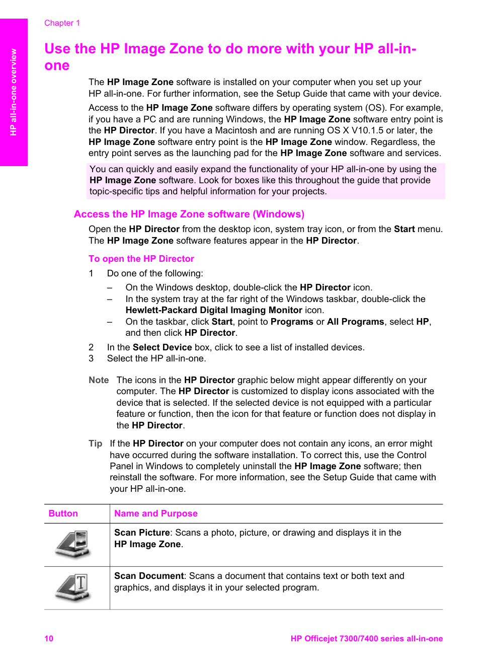 Access the hp image zone software (windows) | HP Officejet 7410 All-in-One Printer User Manual | Page 13 / 242