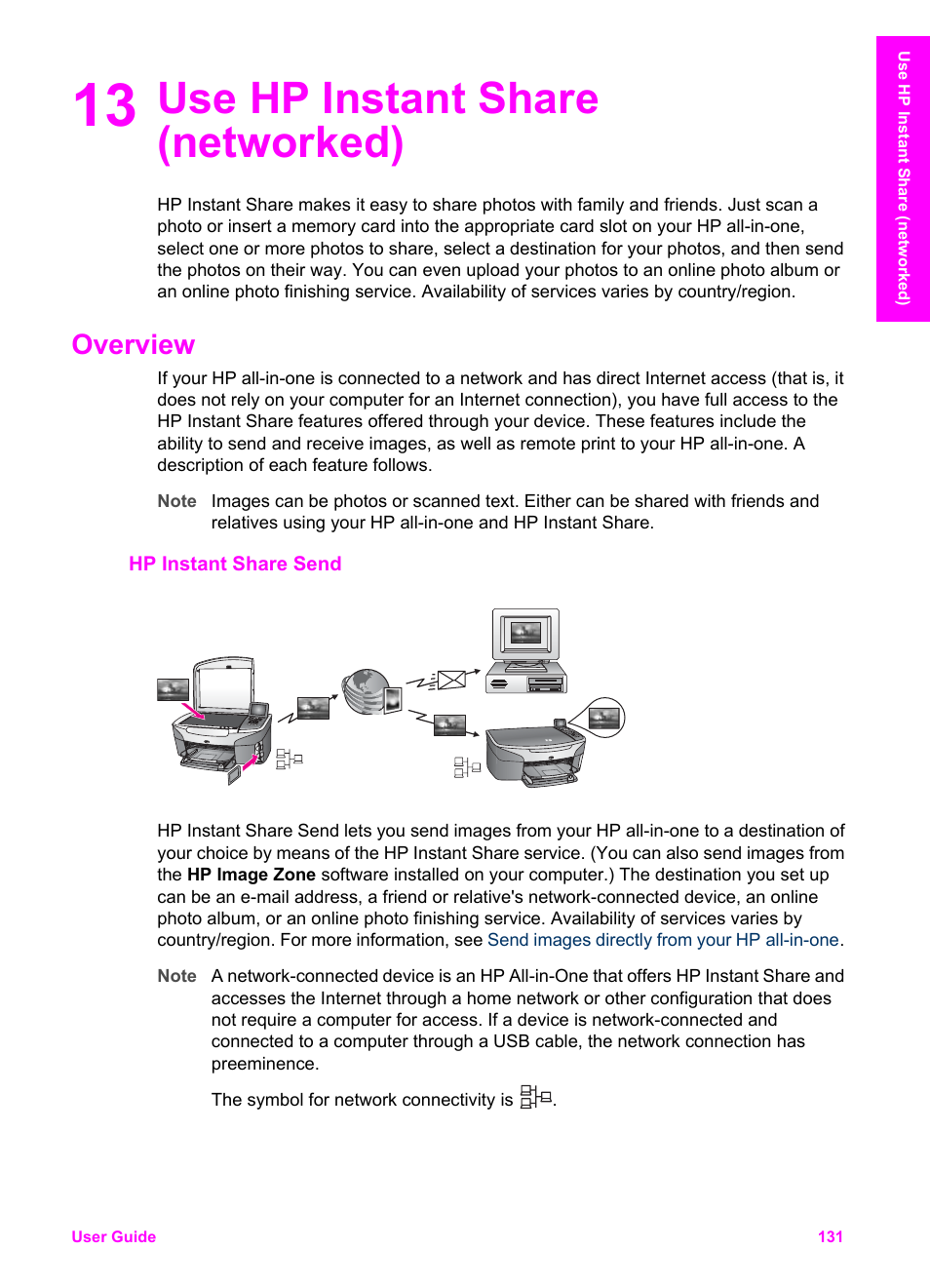 Use hp instant share (networked), Overview, Hp instant share send | 13 use hp instant share (networked) | HP Officejet 7410 All-in-One Printer User Manual | Page 134 / 242