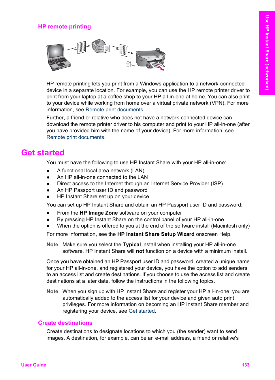 Hp remote printing, Get started, Create destinations | HP Officejet 7410 All-in-One Printer User Manual | Page 136 / 242