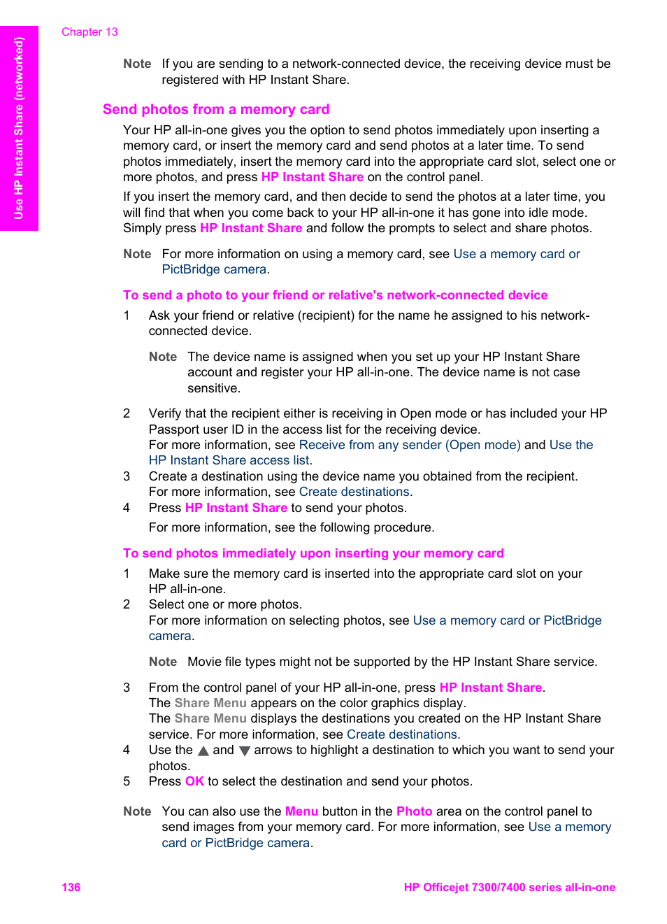Send photos from a memory card | HP Officejet 7410 All-in-One Printer User Manual | Page 139 / 242