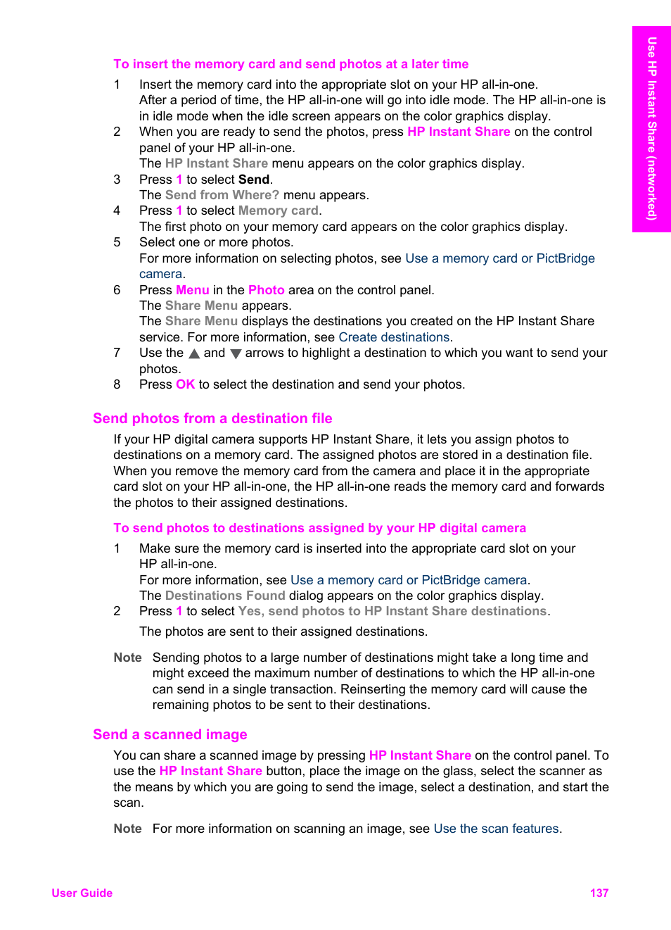 Send photos from a destination file, Send a scanned image | HP Officejet 7410 All-in-One Printer User Manual | Page 140 / 242