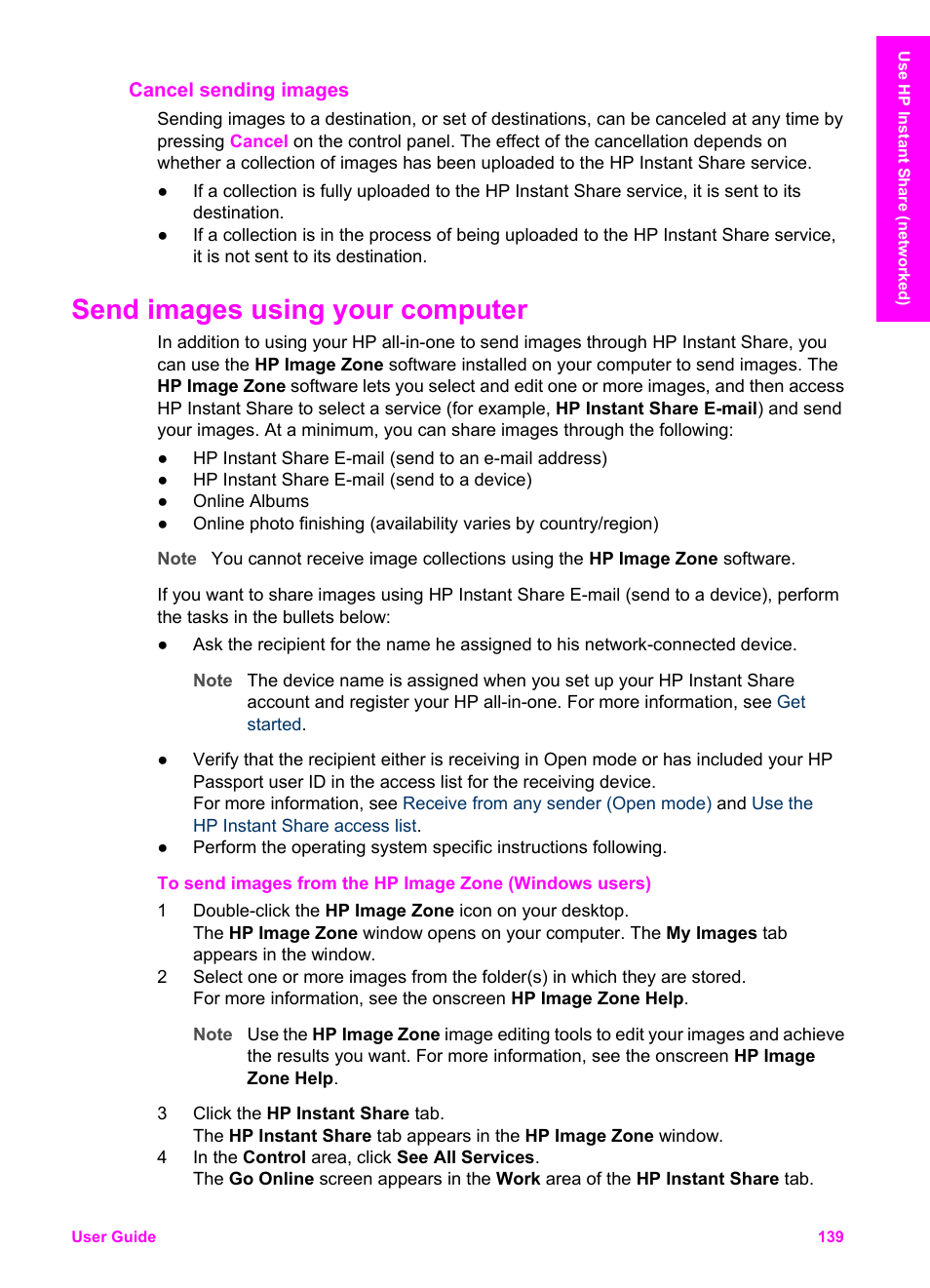 Cancel sending images, Send images using your computer | HP Officejet 7410 All-in-One Printer User Manual | Page 142 / 242