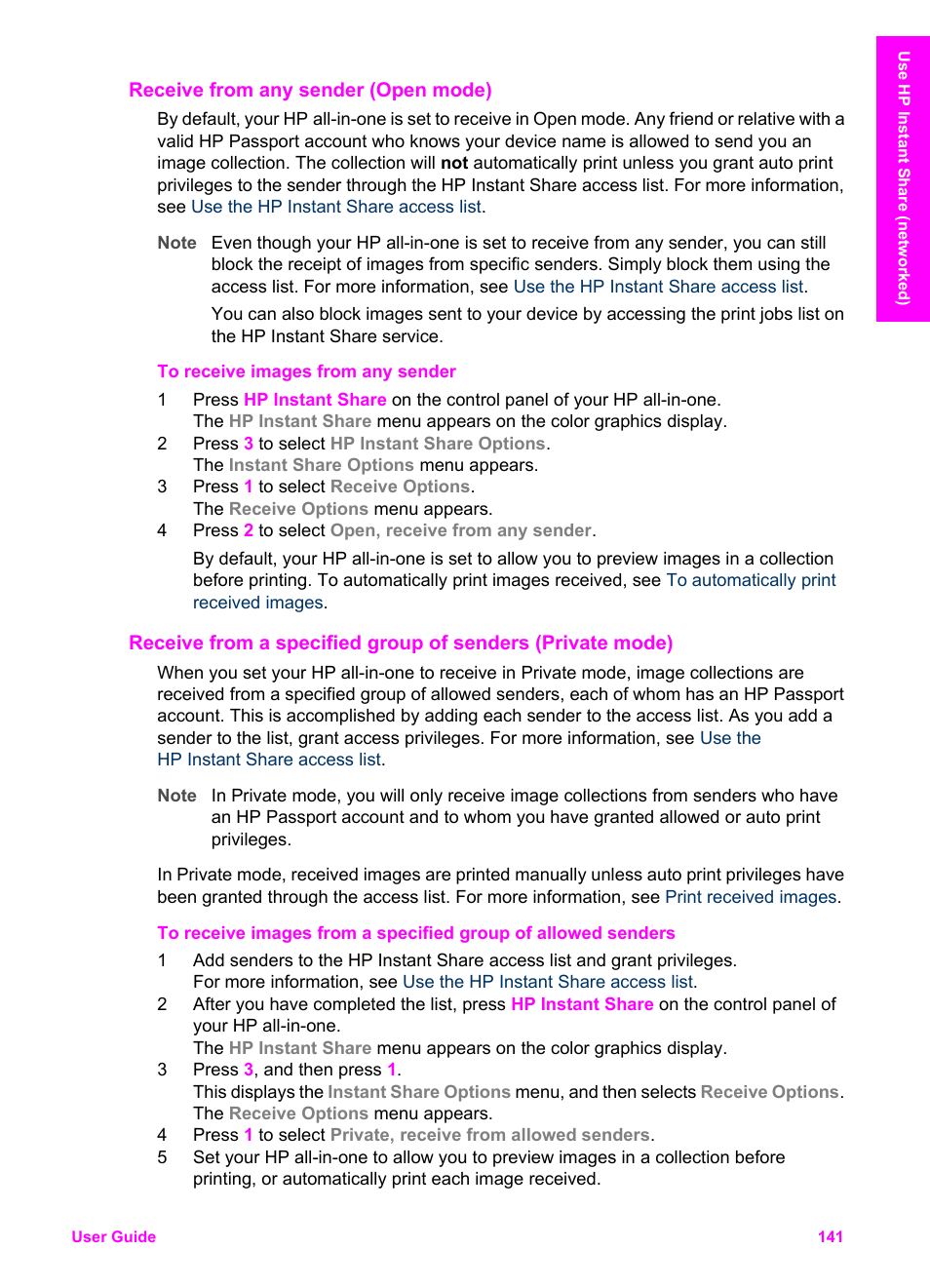 Receive from any sender (open mode), Receive from any sender (open, Mode) | HP Officejet 7410 All-in-One Printer User Manual | Page 144 / 242