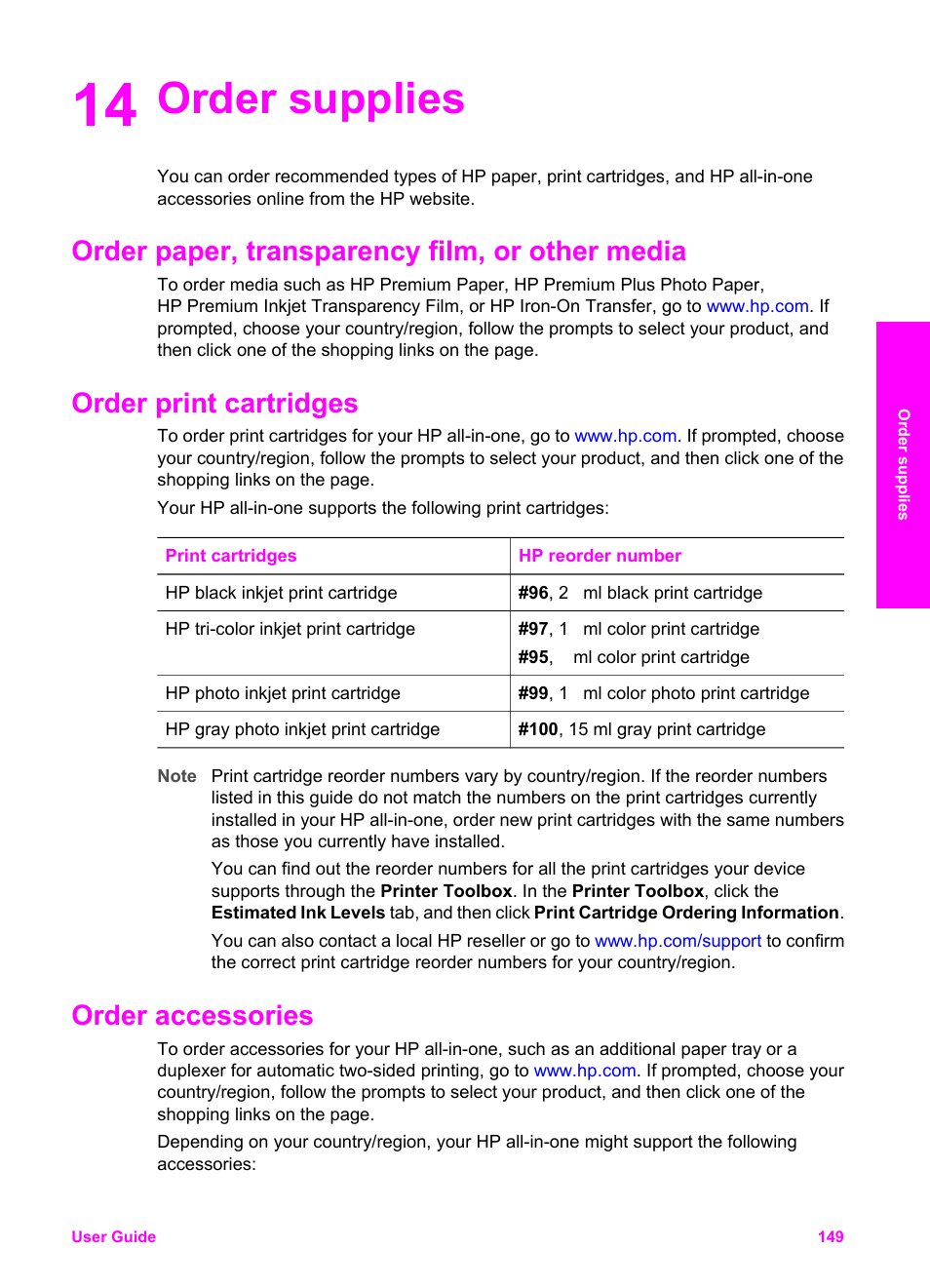 Order supplies, Order paper, transparency film, or other media, Order print cartridges | Order accessories, 14 order supplies | HP Officejet 7410 All-in-One Printer User Manual | Page 152 / 242