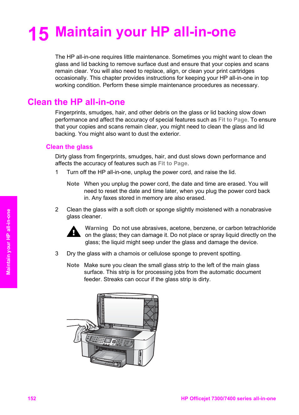 Maintain your hp all-in-one, Clean the hp all-in-one, Clean the glass | 15 maintain your hp all-in-one | HP Officejet 7410 All-in-One Printer User Manual | Page 155 / 242