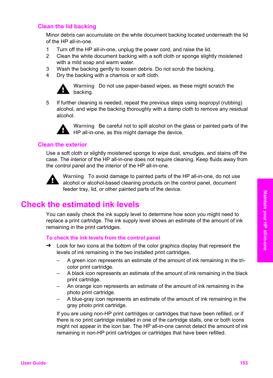 Clean the lid backing, Clean the exterior, Check the estimated ink levels | HP Officejet 7410 All-in-One Printer User Manual | Page 156 / 242