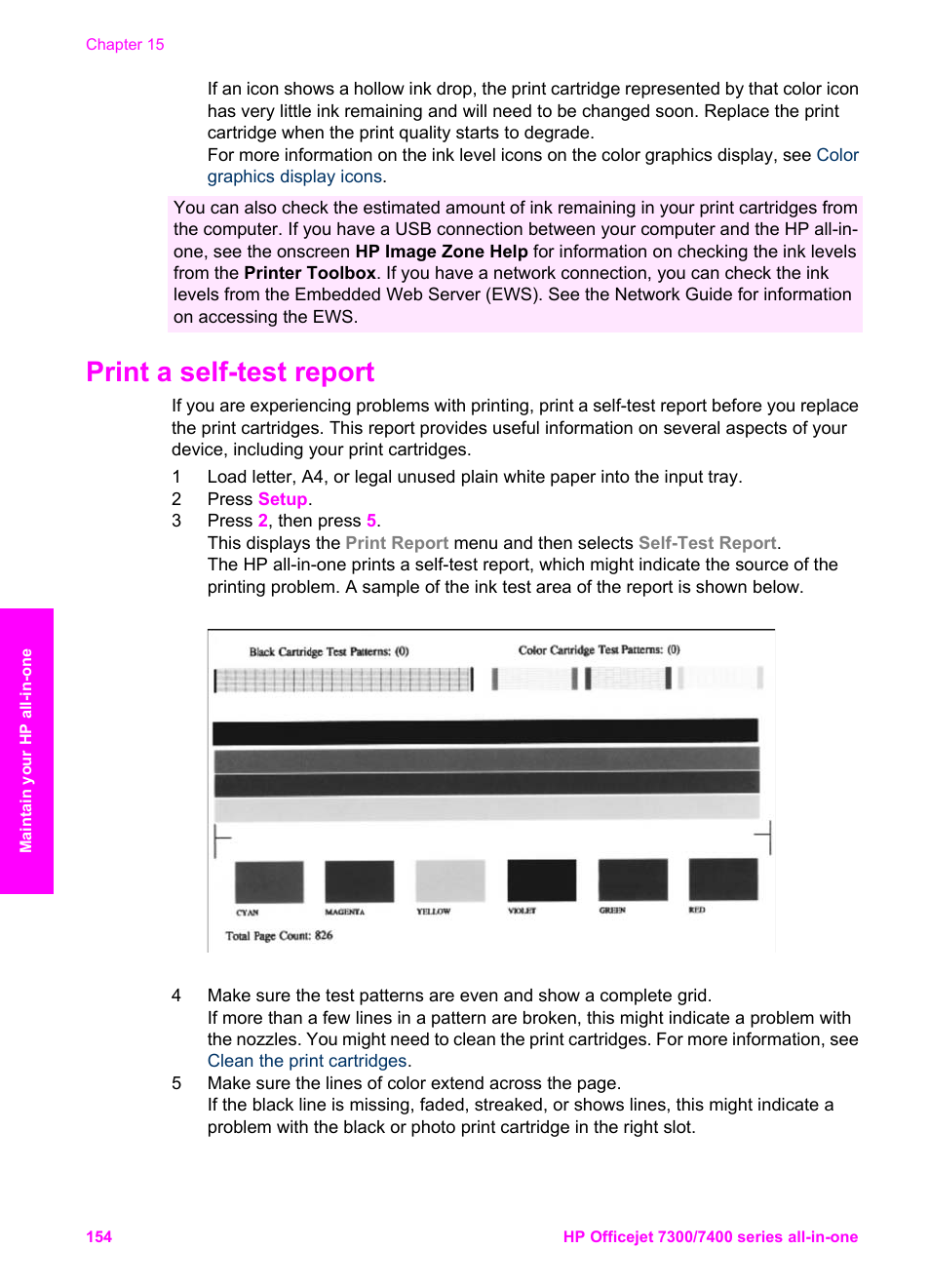 Print a self-test report | HP Officejet 7410 All-in-One Printer User Manual | Page 157 / 242