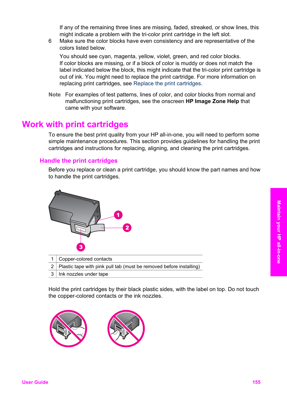 Work with print cartridges, Handle the print cartridges | HP Officejet 7410 All-in-One Printer User Manual | Page 158 / 242