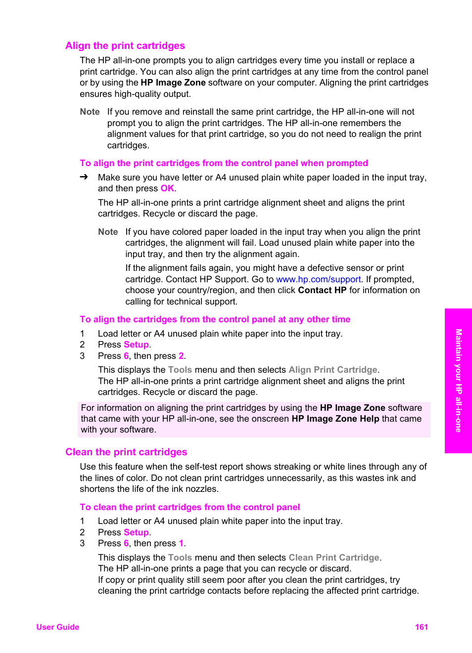 Align the print cartridges, Clean the print cartridges | HP Officejet 7410 All-in-One Printer User Manual | Page 164 / 242