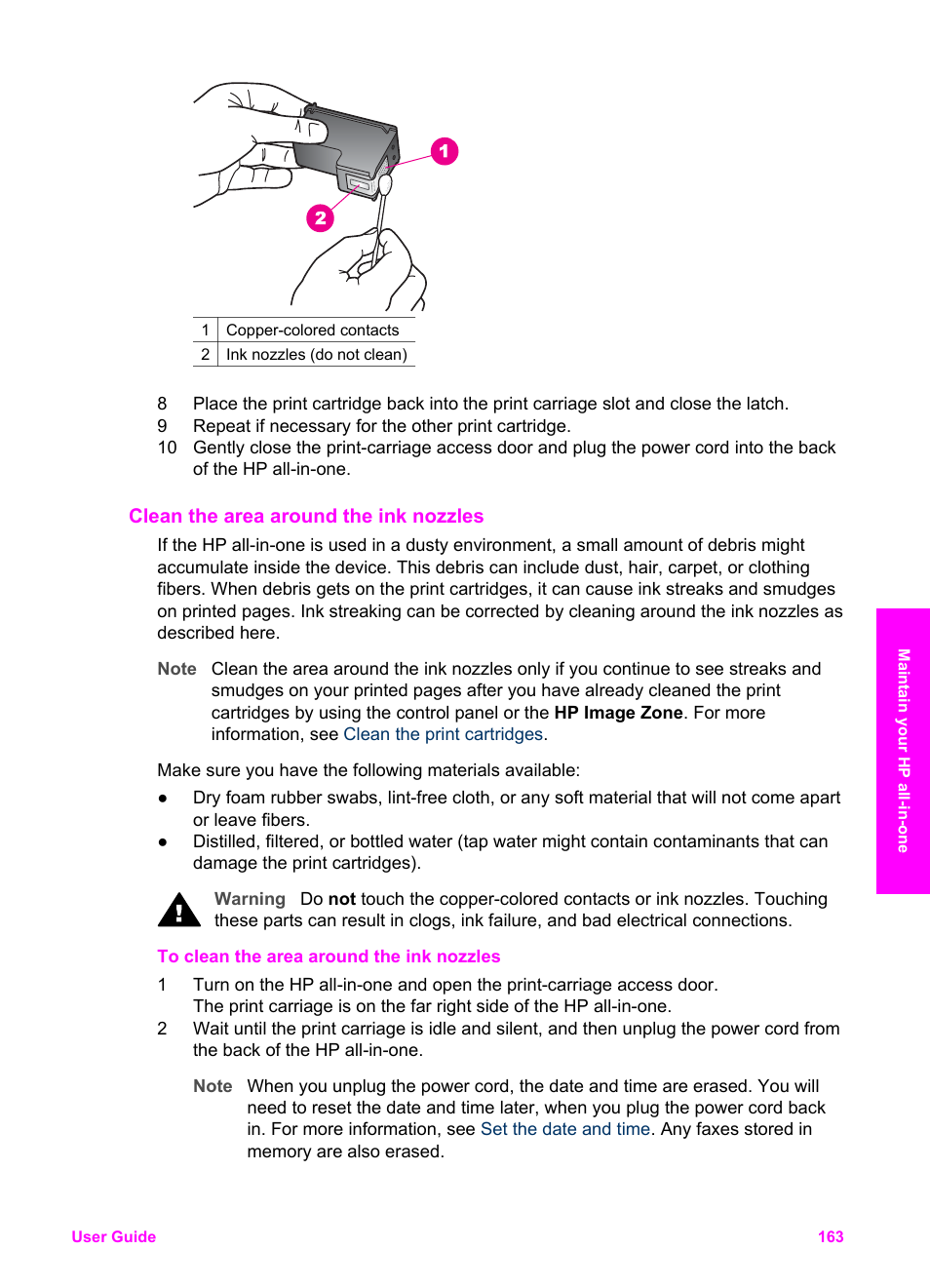 Clean the area around the ink nozzles, Area, see | HP Officejet 7410 All-in-One Printer User Manual | Page 166 / 242