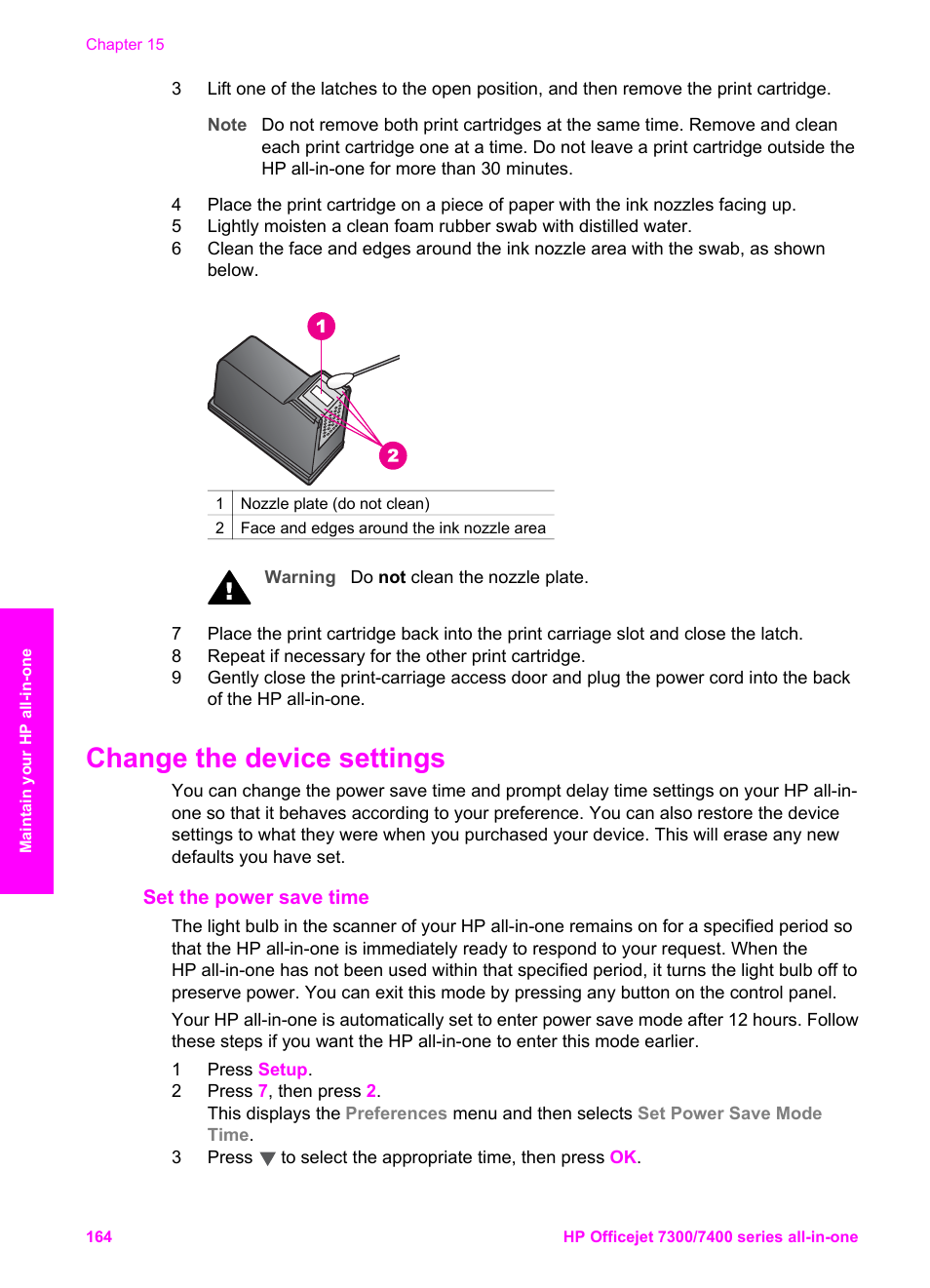 Change the device settings, Set the power save time | HP Officejet 7410 All-in-One Printer User Manual | Page 167 / 242