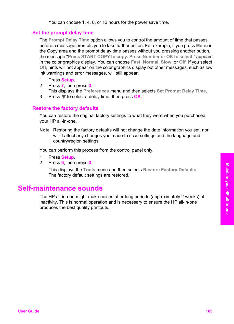 Set the prompt delay time, Restore the factory defaults, Self-maintenance sounds | HP Officejet 7410 All-in-One Printer User Manual | Page 168 / 242