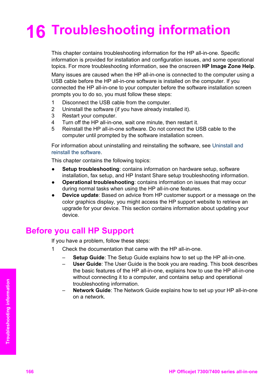Troubleshooting information, Before you call hp support, 16 troubleshooting information | HP Officejet 7410 All-in-One Printer User Manual | Page 169 / 242